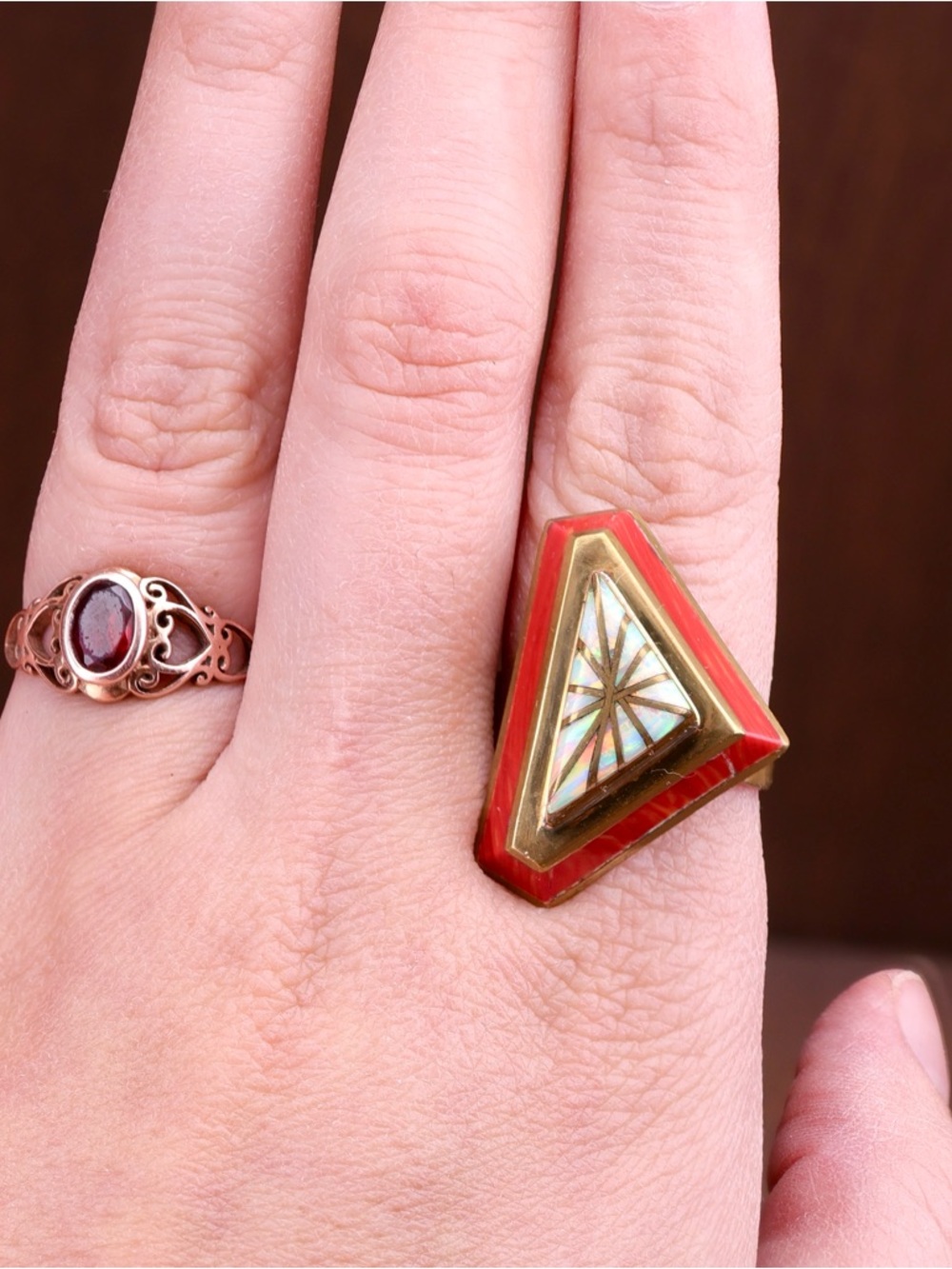 Vintage Larry Castillo Navajo Brass Coral Opal Inlay Brutalist SW Ring Size 9.25 - Picture 10 of 13